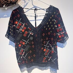 Fylo Black Red Crochet Trim with Neck Tie Boho Crop Blouse size M